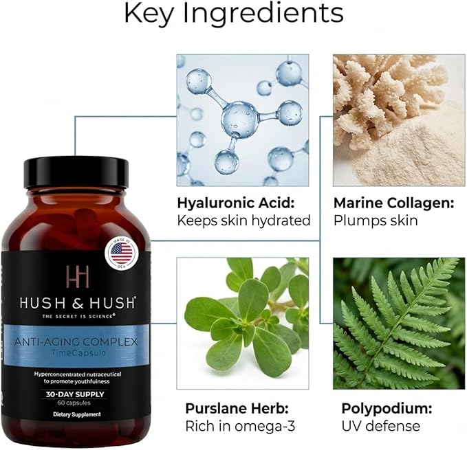 Hush &amp Hush Beauty Multivitamin for Women – Marine Collagen Hyaluronic Acid Vitamin C &amp B12 for Skin Glow &amp Energy – Clinically Proven Anti-Aging Supplement with Zinc &amp Antioxidants