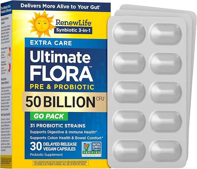 Renew Life Extra Care Go-Pack Probiotic Capsules Daily Supplement Supports Immune Digestive and Respiratory Health L. Rhamnosus GG Dairy Soy and gluten-free 50 Billion CFU 30 Ct