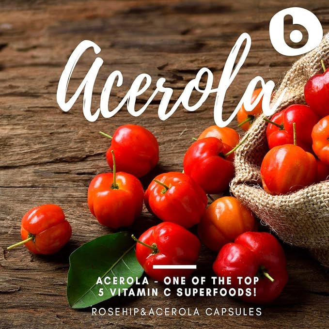 b Natural RoseHips &amp Acerola Capsules - Plant Based Vitamin C 1000mg from Acerola Cherry Powder &amp Rosehip Powder - Without Ascorbic Acid - Supports Immune Health - GMO Free - 90 Vegan Capsules