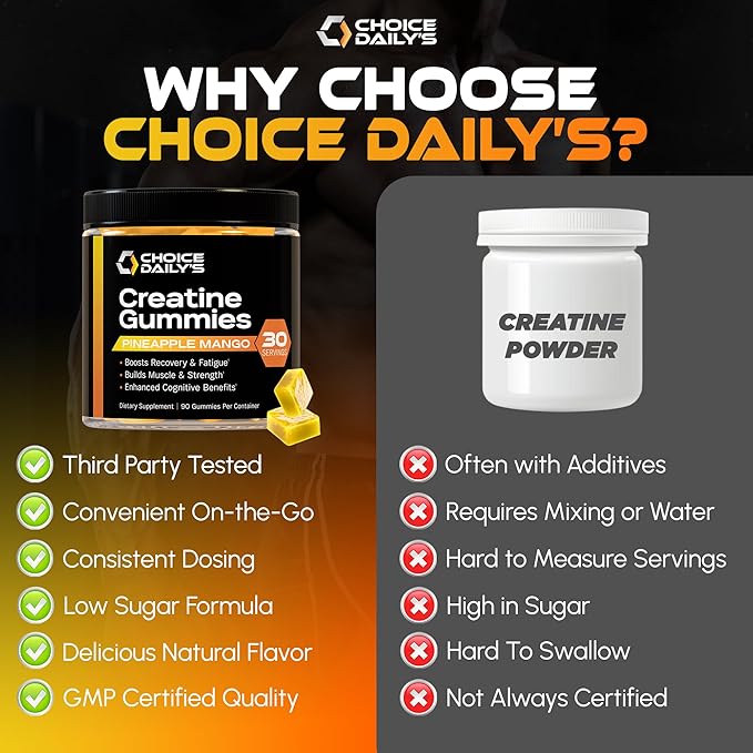 Creatine Gummies - 90 Vegan Friendly Chews - USA Made - Boosts Recovery - Builds Muscle - Enhanced Cognitive Benefits (Large Pineapple Mango)
