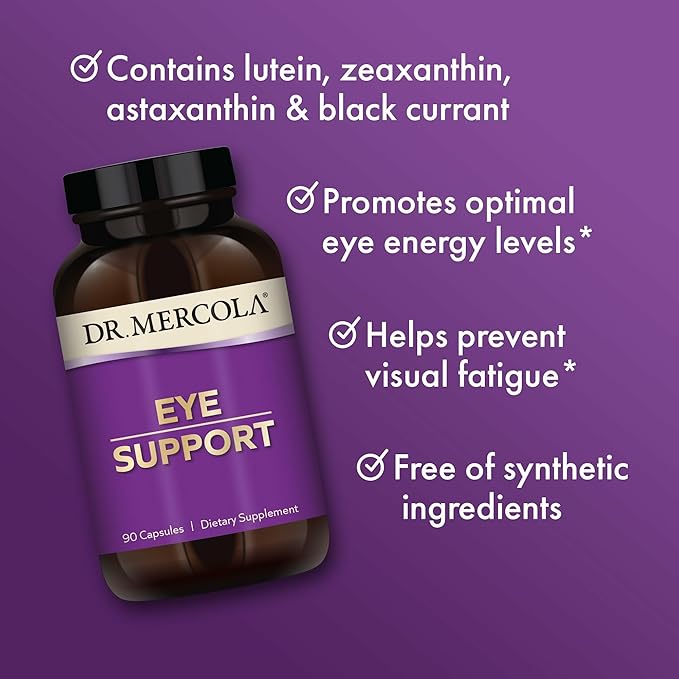 Dr. Mercola Eye Support - Supports Eye &amp Vision Health - with Lutein Zeaxanthin Organic Astaxanthin &amp Black Currant - Non-GMO Gluten-Free &amp Soy Free - 90 Capsules (90 Servings)