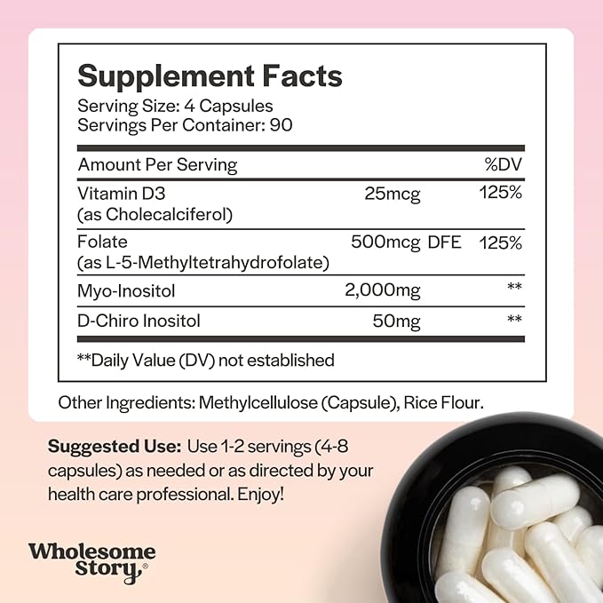 Myo-Inositol &amp D-Chiro Inositol Capsules with MTHF Folate Vitamin D | Support for Ovarian Function Hormone Balance &amp Homocysteine Levels | Fertility Supplements for Women | 360 Count 40:1