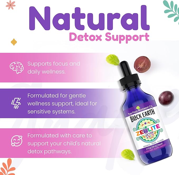 The Food Movement - Zeolite Detox for Kids Organic Grape Flavor - Gentle Zeolite Liquid with Black Earth Humic and Fulvic Acid Supports Natural Detoxification (2 oz Dropper)