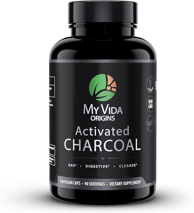My Vida Origins Activated Coconut Charcoal Capsules - Detox Gas Relief Digestive and Gut Health Support | Vegan Organic Non-GMO Gluten Free No Additives - 90 Count