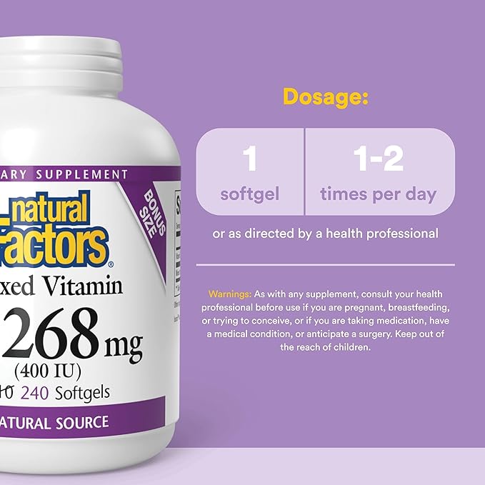 Natural Factors Mixed Vitamin E 400 IU Antioxidant Support for Cardiovascular and General Health 240 softgels (240 servings)