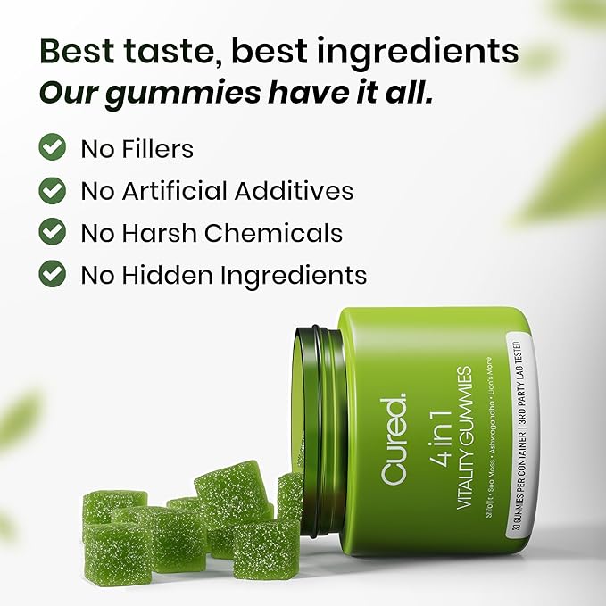 Cured 4 in 1 Gummies for Vitality with Pure Himalayan Shilajit for Men &amp Women Lions Mane Mushroom and Sea Moss Ashwagandha Supplements | Vegan &amp Non-GMO Neuropathy Supplements | Made in Ame