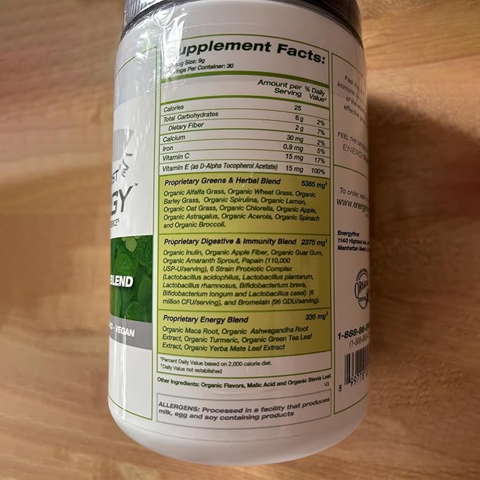 EnergyFirst Energize and Detoxify Greenergy Organic Superfood Powder - Vegan Gluten-Free Sugar-Free Non-GMO - 30 Servings for Daily Energy &amp Immunity Boost!