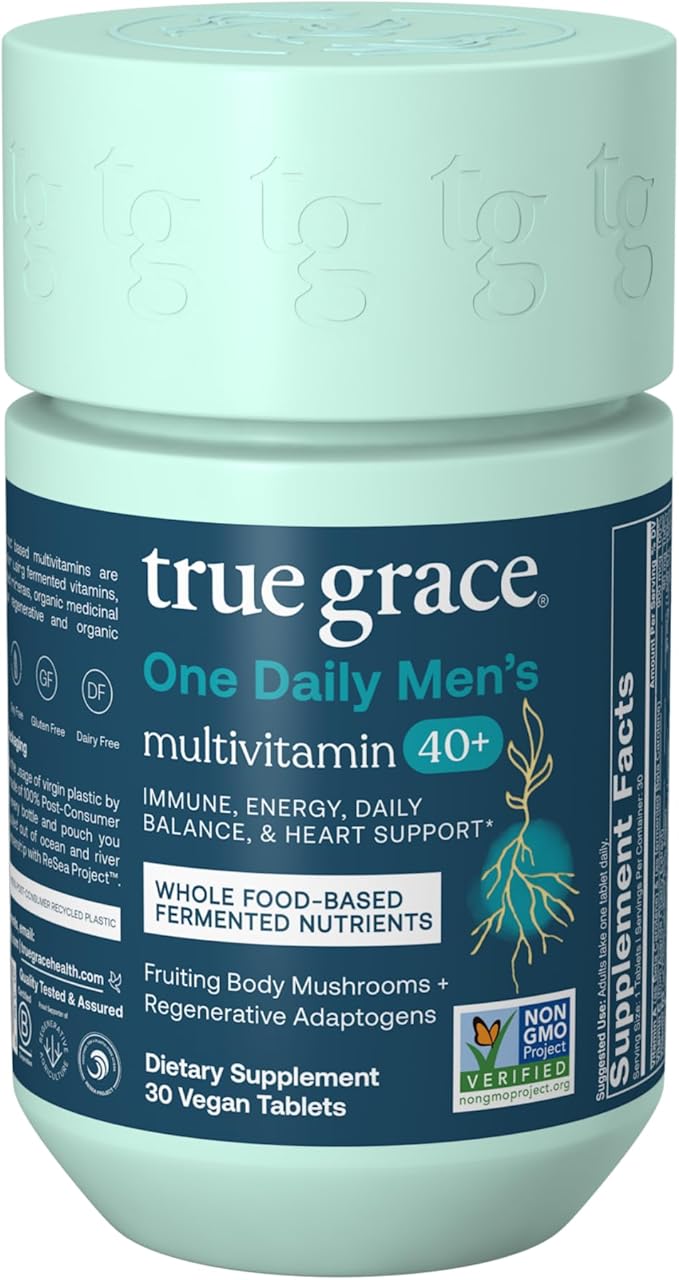 True Grace Men's 40+ One Daily Multivitamin Fermented Minerals Organic Adaptogens &amp Mushrooms Whole Body Balance Immune Endurance Bone &amp Heart Support Supplement - Non-GMO - 30 Vegan Tablet