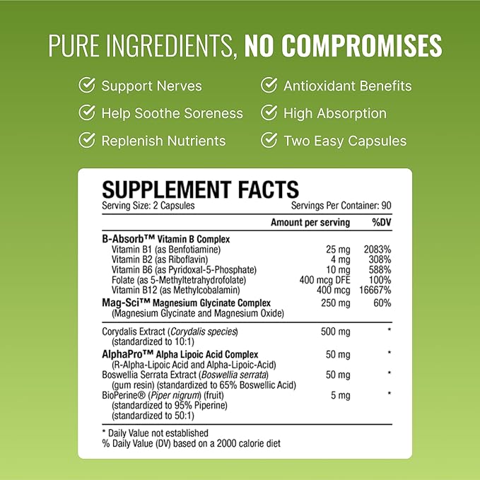 Approved Science Nervprin - Nerve Support - Benfotiamine B12 R-Alpha-Lipoic Acid Corydalis Boswellia BioPerine - 360 Capsules - Made in The USA