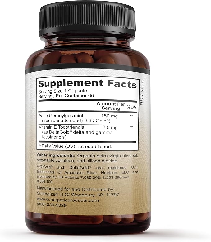 Sunergetic Premium Geranylgeraniol Supplement - GG-Gold 150mg with DeltaGold Vitamin E Tocotrienols- Annatto Derived GG for Statin Users Heart Health &amp CoQ10 Production - 60 Capsules