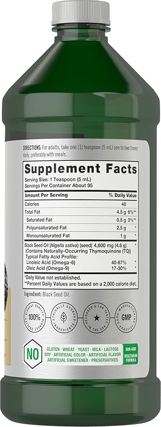 Horbäach Black Seed Oil Liquid | 16oz | 4600mg | Cold Pressed Nigella Sativa Supplement | with Omega 6 &amp 9 | Vegetarian Non-GMO Gluten Free and Solvent Free Formula