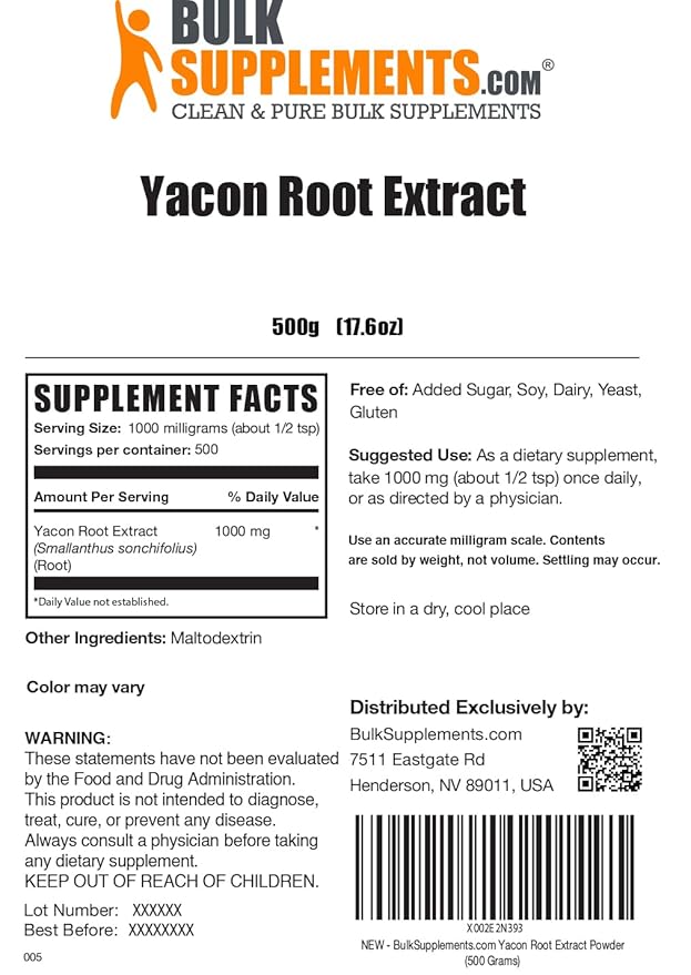 BulkSupplements.com Yacon Root Extract Powder - Sugar Substitute Natural Fiber Sweetener - Gluten Free 1g per Serving 500g (1.1 lbs) (Pack of 1)