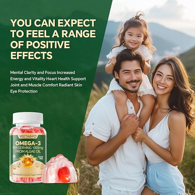 Vegan Omega 3 Gummies 1200mg - Dual Layer - Fish Oil Alternative Marine Algae Omega 3 Supplement DHA 600mg EPA 400mg with AstaxanthinSugar Free60 Cts