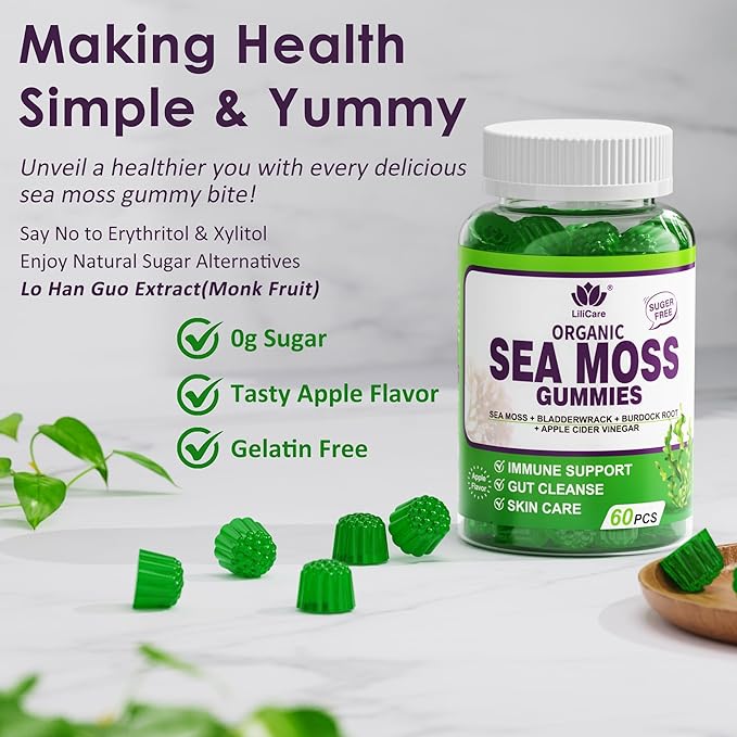 Sea Moss Gummies - Irish Sea Moss Gummies for Adults &amp Kids - Advanced Superfood Seamoss Supplement + Bladderwrack &amp Burdock Root ExtractACV for Daily Immune Gut Cleanse Vegan Sugar Free