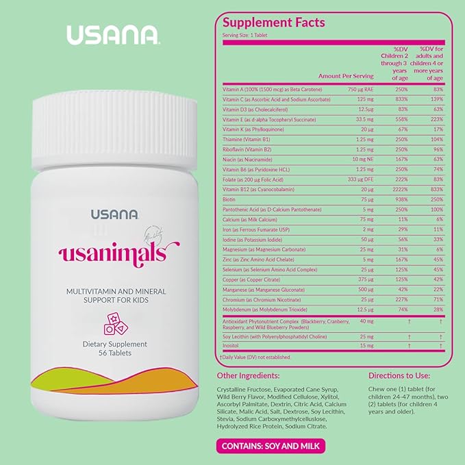 USANA Usanimals Multivitamin for Kids - Daily Chewable Tablets with Vitamins A C D E B6 B12 Zinc Iron - Supports Immune Bone &amp Brain Health - Essential Nutrients for Ages 2-12 - 56 Tablets