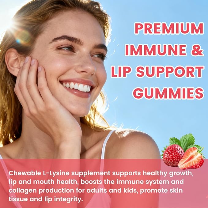 2 Pack L-Lysine Gummies 1000mg L-Lysine Supplement for Adults &amp Kids Essential Amino Acid Supplement for Lips &amp Oral Health Immune Support Strawberry Flavor 120 Count