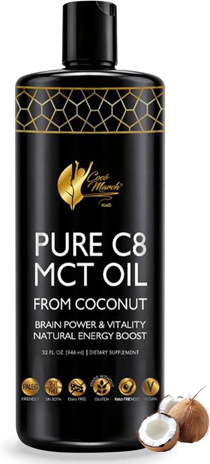 Cocó March N.M.D. Pure C8 MCT Oil from Coconut for Energy Metabolism &amp Brain Support Keto &amp Fasting Friendly Gluten-Free Vegan &amp Unflavored - Perfect in Coffee Tea &amp Smoothies 32