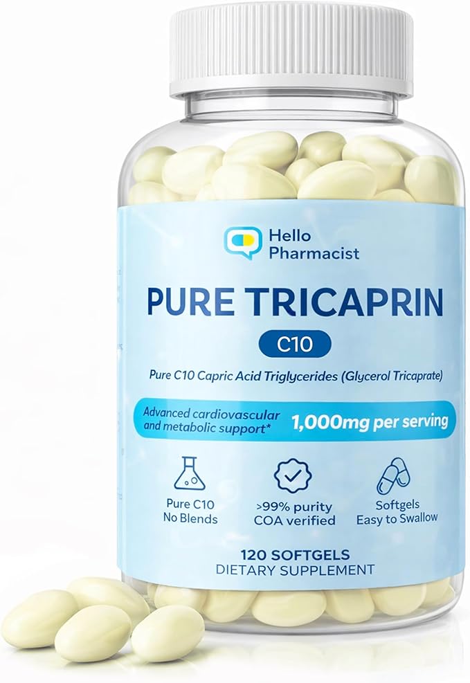 HelloPharmacist 100% Pure Tricaprin C10 - Capric Acid Triglycerides (Glycerol Tricaprate) - Advanced Cardiovascular Heart &amp Cellular Energy Support - 120 Softgels - Made in the USA
