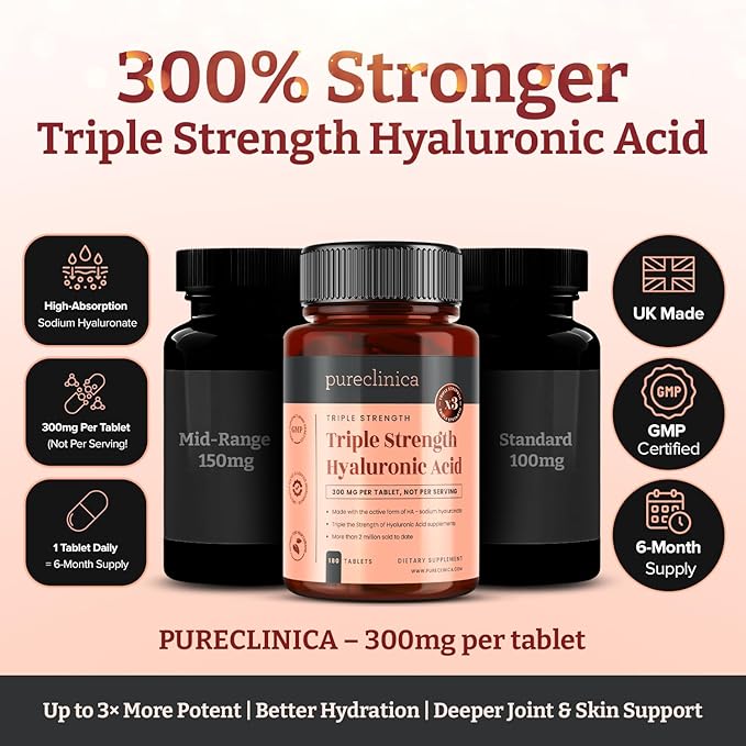 pureclinica Hyaluronic Acid 300mg x 360 Tablets (2 Bottles of 180-12 Months Supply). Triple Strength Hyaluronic Acid. 300% Stronger Than Any Other HLA Tablet.