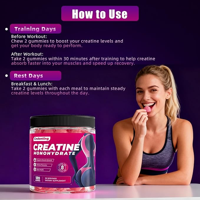 Creatine Gummies 5000mg Monohydrate Creatine with Folic Acid &amp Vitamin B12 Vegan Strawberry Flavor Helps Shape Booty &amp Tone Glutes and Legs Boosts Energy and Endurance 120 Count