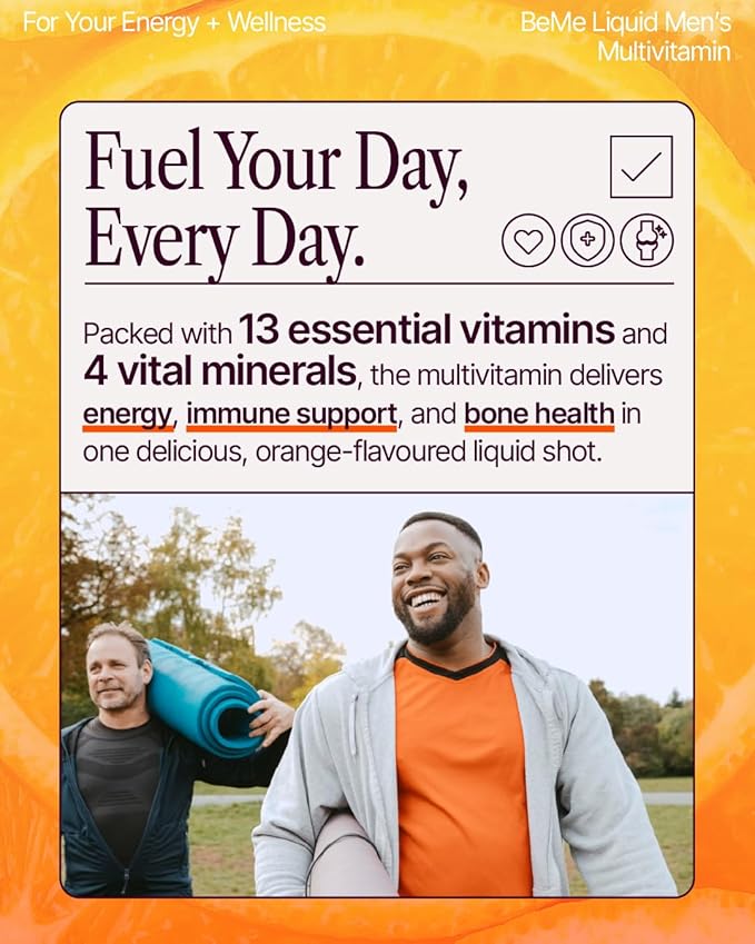 BeMe Liquid Multivitamins for Men - Advanced Liquid Delivery System with 13 Vitamins &amp Minerals - Tear &amp Go Sachets Non-GMO Orange Flavor (30 Sachets)