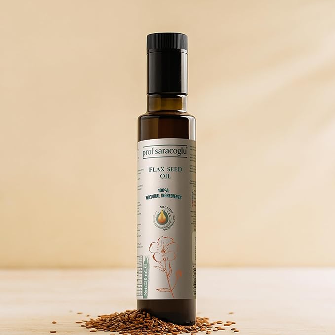 Prof Saracoglu Flaxseed Oil – Cold Pressed Solvent-Free Flax Seed Oil in Glass Bottle | Plant-Based Omega 3 with Lignans | Vegan Non-GMO | Hair Skin &amp Wellness | 8.45 fl oz
