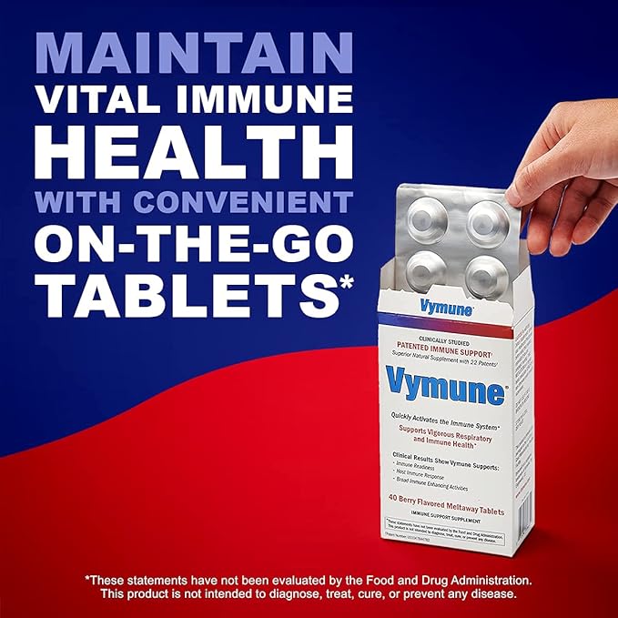 Vymune Amino-Acid Advanced Immune Support Supplement with Powerful Amino Acids Taurine Lysine and Threonine Meltaway Tablets Berry Flavored – for Adults (800mg Vitamin C 40ct.)