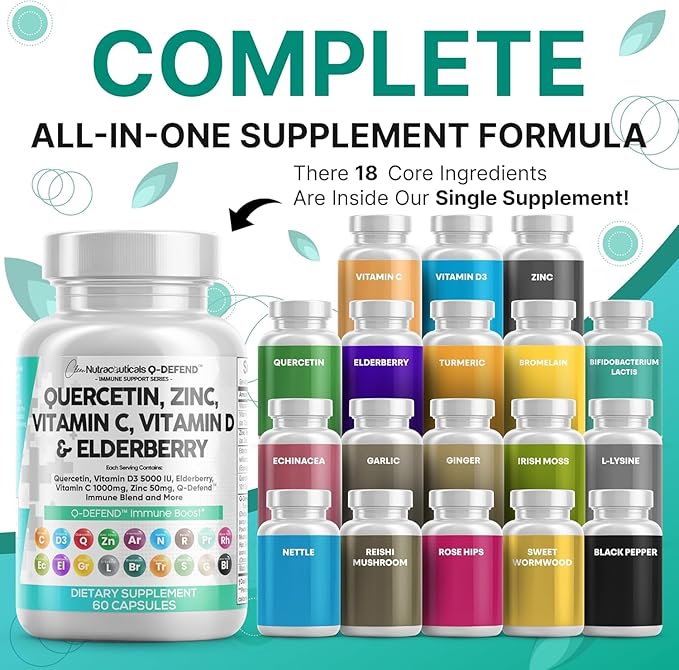 Q Defend Quercetin Supplement with Zinc Vitamin C Vitamin D Elderberry Turmeric Black Pepper Garlic Ginger Sea Moss Lysine Stinging Nettle Reishi Immune Support 60 Capsules Pack of 2 by Clean Nutra