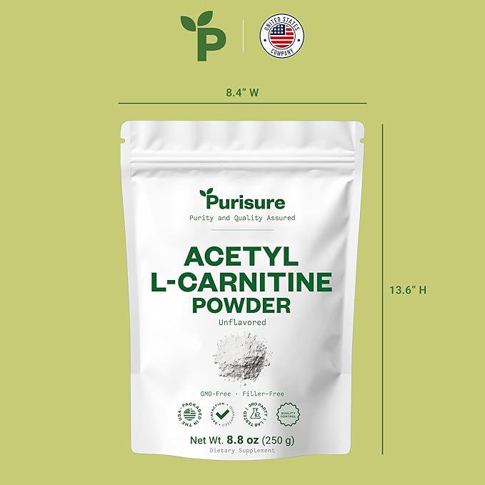 Purisure Acetyl L-Carnitine Powder ALCAR Powder Amino Acid Supplement Acetyl L-Carnitine Supplement for Better Cognitive Performance and Muscular Endurance Gluten Free Non-GMO 250g (8.8 oz)