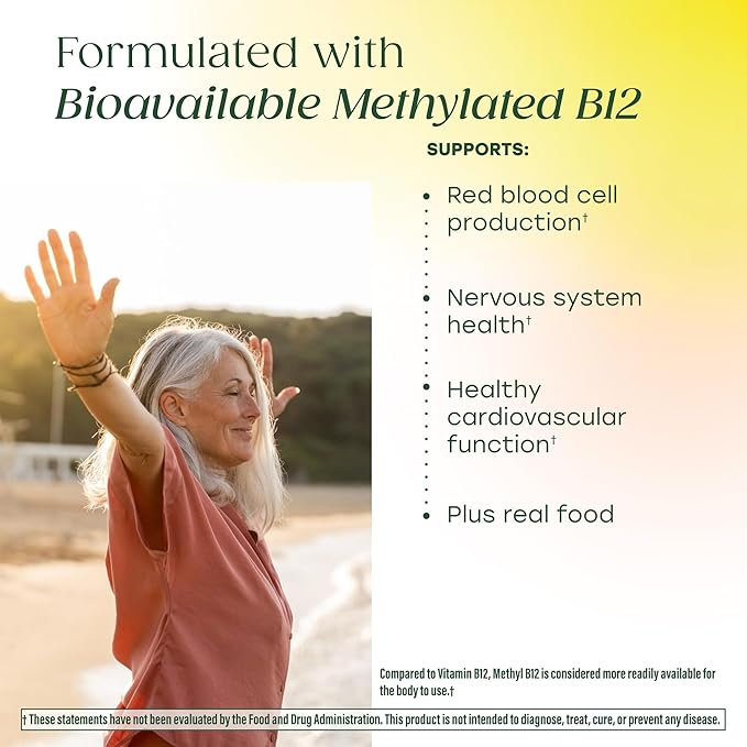 MegaFood Methyl B12 - Vegan - Includes Methyl Folate Vitamin B12 &amp B6 - Supports Cellular Energy Production Nervous System Health &amp Cardiovascular Function - 90 Tablets