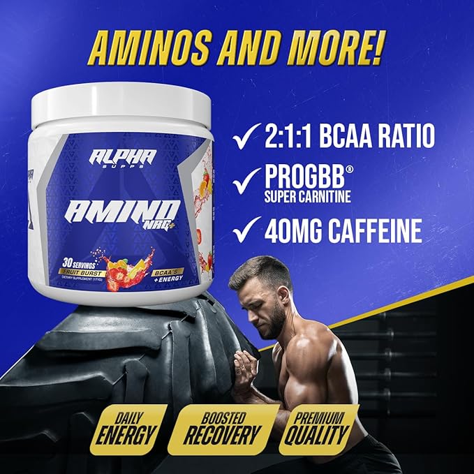 Alpha Supps Amino NRG+ BCAA Amino Energy Recovery Powder - Hydration Blend with Electrolytes - Focus Blend for Optimal Performance Support in Men &amp Women (30 Servings Juicy Grape)