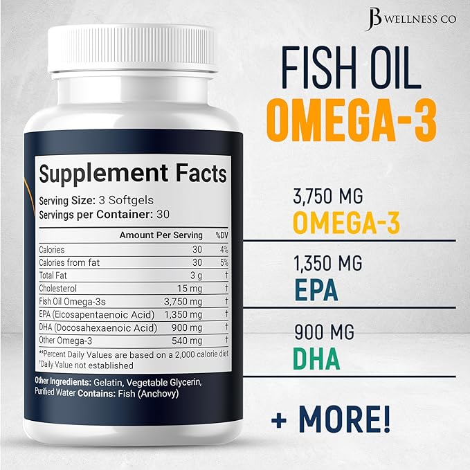Triple Strength Omega 3 Fish Oil 3750 mg - EPA &amp DHA - Over 3000mg Omega-3 Fatty Acids - 1350mg EPA + 900mg DHA - Best Essential Fatty Acids Burpless Fish Oil - 180 Count