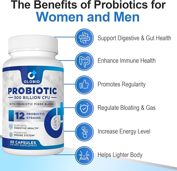 300 Billion CFU Probiotic 12 Strains with 3 Organic Prebiotics Probiotics for Women and Men Daily Supplement for Digestive Immune Gut &amp Bloating Health Shelf Stable Vegan 60 Counts