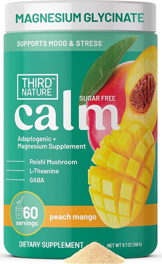 Third Nature Calming Drink Powder Jar with Magnesium Glycinate GABA L-Theanine &amp Reishi Mushroom - Adaptogenic Sugar Free Blend - Third Party Tested Non-GMO - Peach Mango Flavor - 60 Servings