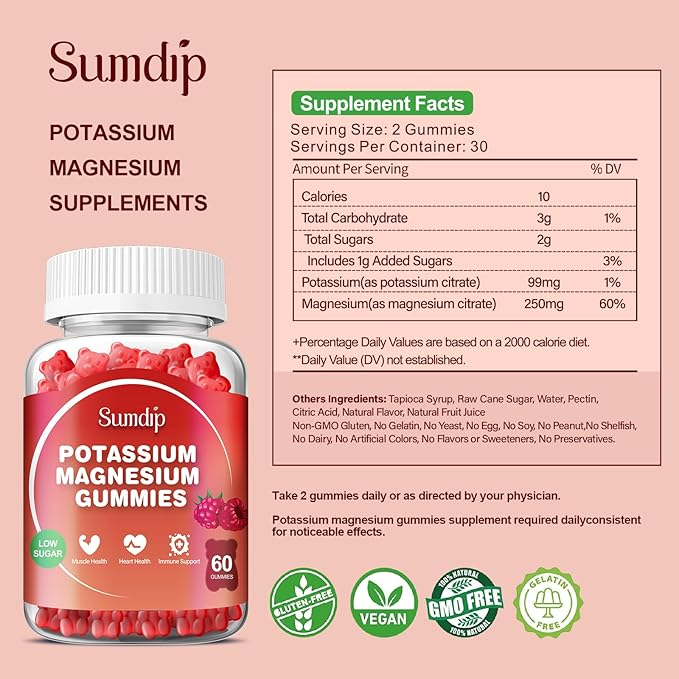 Magnesium Potassium Gummies Muscle &amp Heart Health Leg Cramps and Sleep Potassium Supplements Vegan Gummy Non-GMO Gluten Free 60 Gummies-2 Pack Raspberry