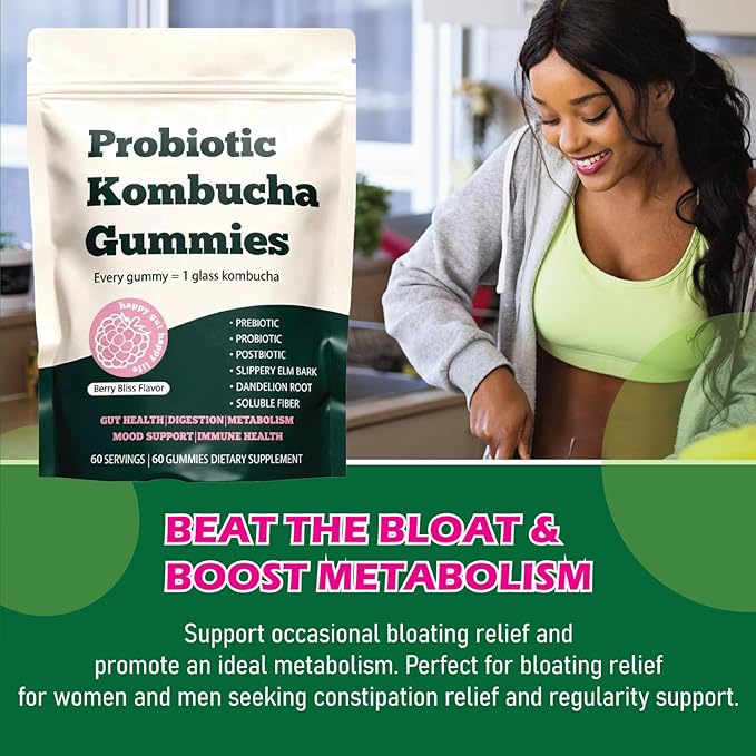 Probiotic Kombucha Gummy - Prebiotics + Probiotics + Postbiotics | Contains MCT Oil elm bark Dandelion Root and Fiber | Promotes Gut Health | 60 Capsules