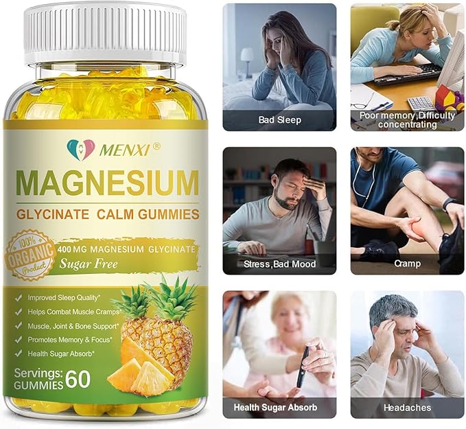 Magnesium Glycinate Gummies 400mg Sugar Free Magnesium TaurateMagnesium Malate Supplement with Vitamin D B6 CoQ10 for Relaxation Stress Relief Muscle Bone &amp Sleep Support-120 Pineapple Gumm