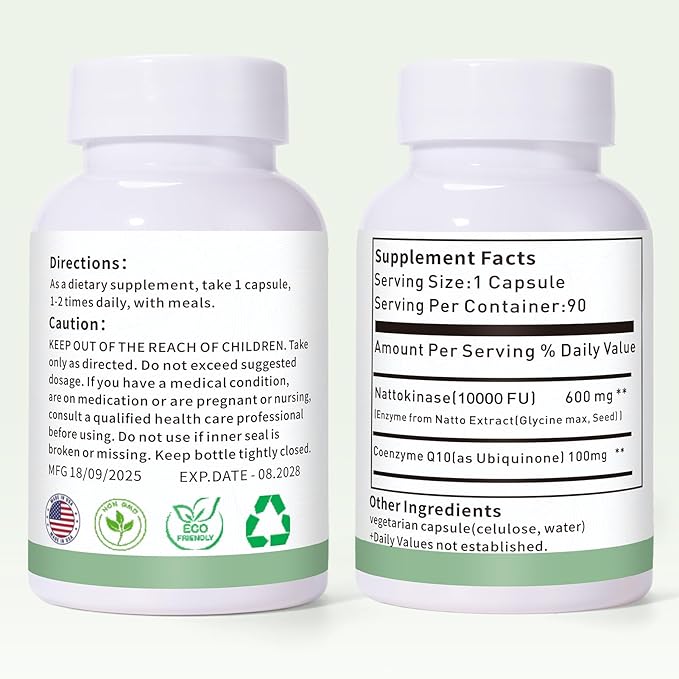 Nattokinase 10000 FU with CoQ10 100mg Vitamin K2 Free 90 Capsules - Premium Support for Heart Brain &amp Circulatory Health Cardiovascular System &amp Energy Supplement