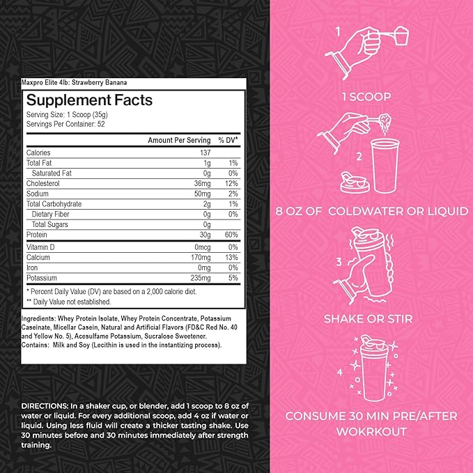 Max Muscle Maxpro Elite Whey Protein Powder | 30g Protein | 0g Sugar | 6.6g BCAAs | Micellar Casein Cold Filtered Whey Isolate Protein | Promotes Muscle Growth &amp Recovery (Strawberry Banana 4lb)
