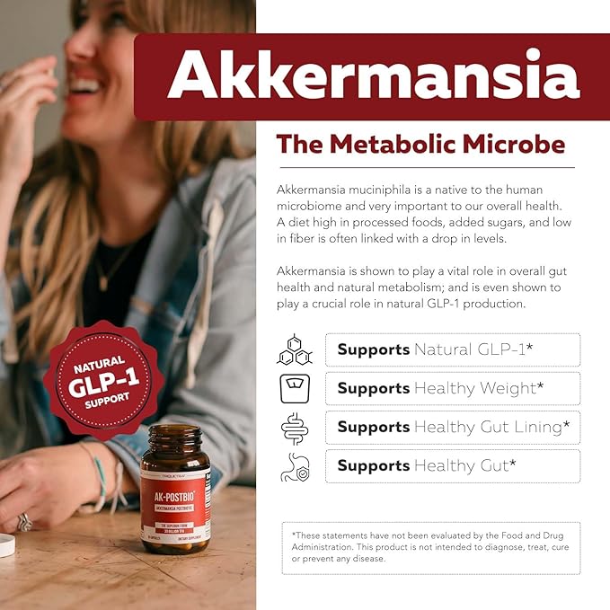 AK-Postbio: Akkermansia Probiotic 30 Billion TFU - Max Strength Clinically Validated Dose &amp Patented Strain - Superior Pasteurized Form Highest Absorption Delivery - GLP-1 Probiotic - 30 Servin