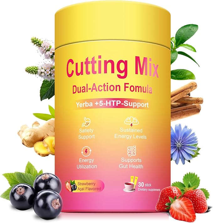 Cutting Drink Mix – Supports Satiety Signaling Energy &amp Gut Health with Berberine Chromium FOS Yerba Mate &amp 5-HTP | Vegan Sugar-Free Non-GMO | Strawberry Açaí – 30 Sticks