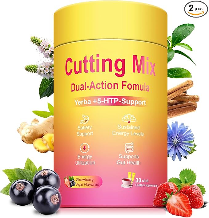 Cutting Drink Mix – Supports Satiety Signaling Energy &amp Gut Health with Berberine Chromium FOS Yerba Mate &amp 5-HTP | Vegan Sugar-Free Non-GMO | Strawberry Açaí – 30 Sticks (2Pack)