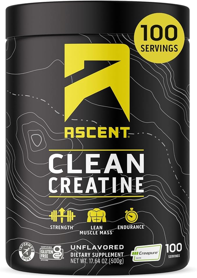 Ascent Clean Creatine Monohydrate Powder - 5G Per Serving Creapure Creatine Supplement - Unflavored 100 Servings
