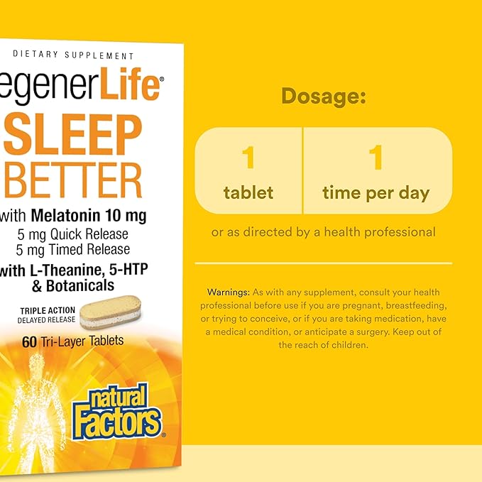 Natural Factors RegenerLife Sleep Better - Sleep Support Supplement with Quick &amp Timed Melatonin Release &amp Botanical Blend - Non-Habit Forming &amp Drug-Free - 60 Tablets (60 Servings)