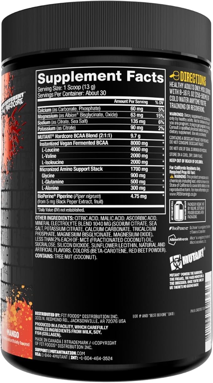 Mutant Hardcore BCAA - Pre Intra or Post Workout – BCAA Next Level branched-Chain Amino Acids Supplement – Hydration + Recovery - 30 Serving - Mango