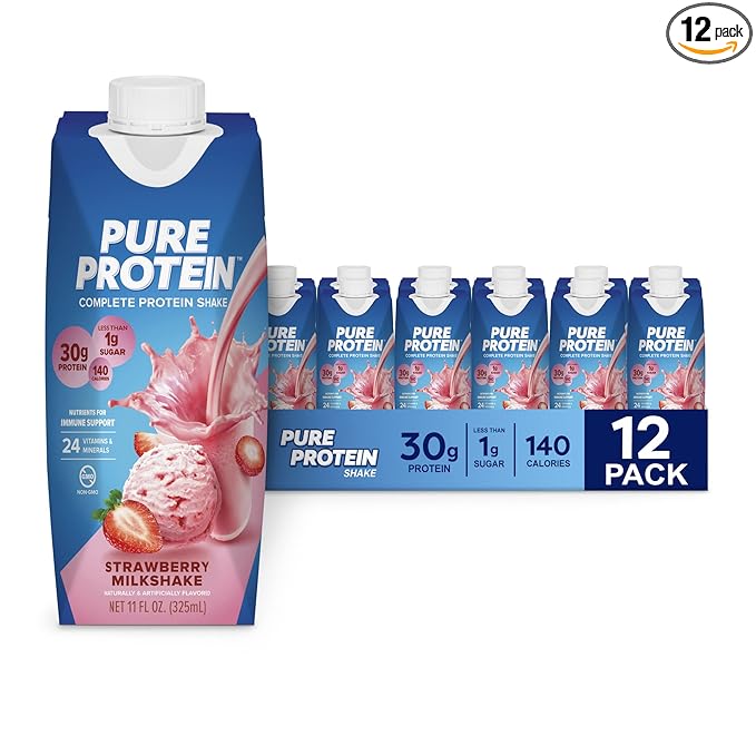 Pure Protein Strawberry Protein Shake 30g Complete Protein Ready to Drink and Keto-Friendly Vitamins A C D and E plus Zinc to Support Immune Health 11oz Bottles 12 Pack