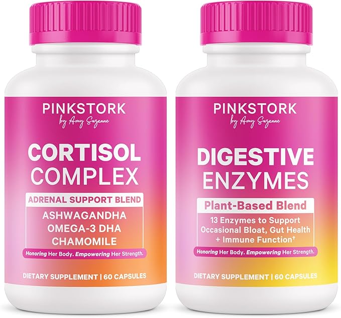 Pink Stork Digestive Health &amp Stress Support | Cortisol Complex with Adaptogens &amp Digestive Enzymes | Gut Energy Hormone &amp Mood Balance Support for Women