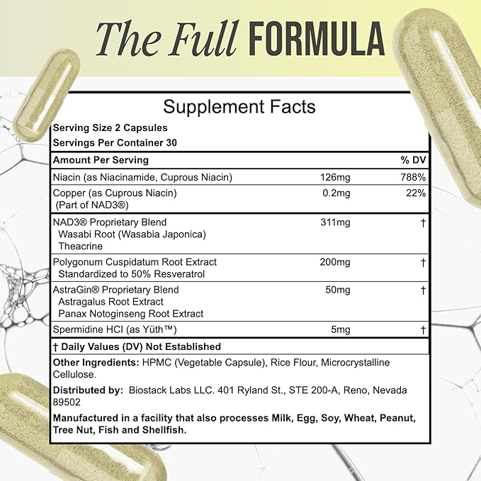 BIOSTACK NAD Regen - Advanced NAD+ Supplement with NAD3 Yüth Spermidine Resveratrol Niacinamide | NMNH Alternative | Anti Aging Longevity &amp Cellular Health Vitamin B3 Complex (360 Capsules)