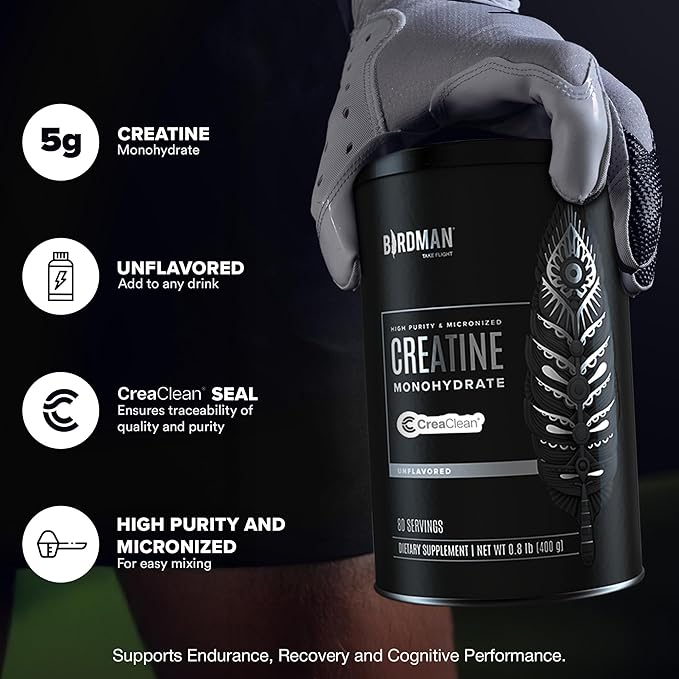 BIRDMAN Micronized Creatine Monohydrate Powder Muscle Recovery Caffeine Free Creatine Pre Workout Vegan Post Workout Gluten Free Sugar Free | 80 Servings (5 Grams Each) | 0.8lb