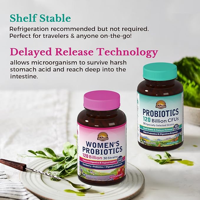 Vitalitown Probiotic Bundle (Pack of 2) | Probiotics 120 Billion CFUs (Item 1) &amp Women’s Probiotics (Item 2) | Shelf Stable Once Daily | Gut Immune Vaginal Health | 60 Capsules | 30 Day Supply